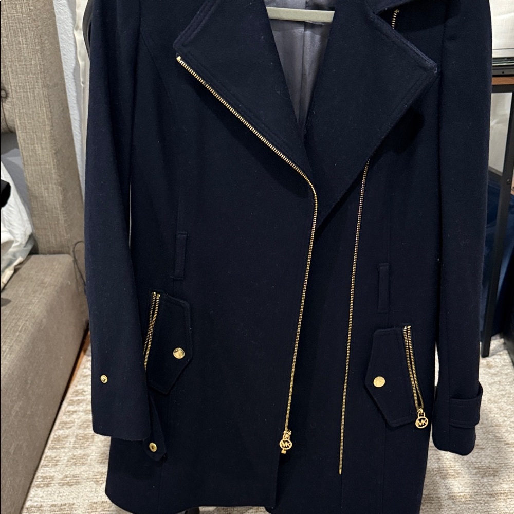 Michael Kors Navy Trench Coat with Gold Accents
